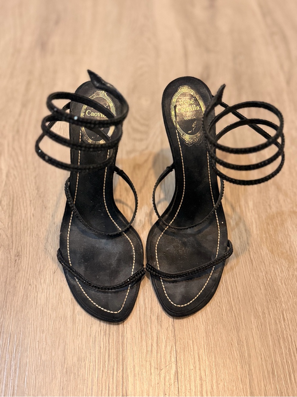 Rene Caovilla Women Sandals Size 38 Black Satin Wrap Around Heel